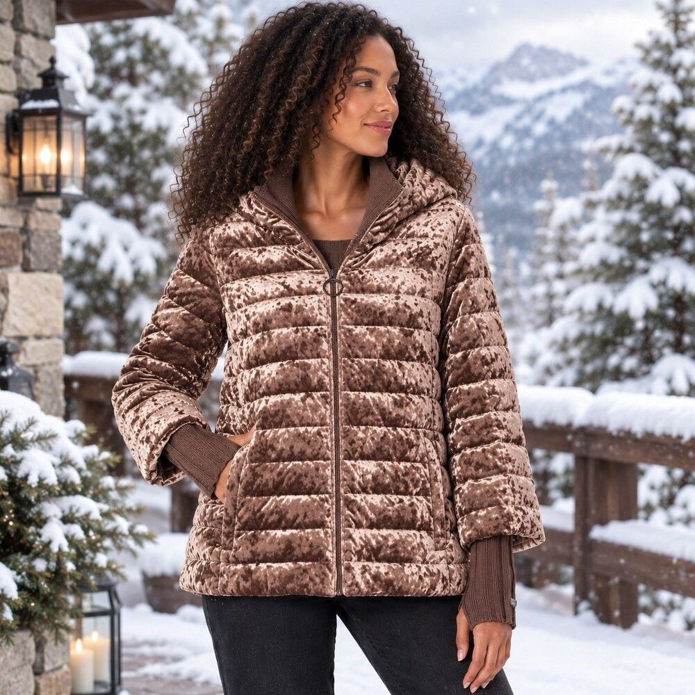 NWT DKNY L Down Jacket Puffer Donna Karan Hood Crushed Velvet Winter Sport Coat